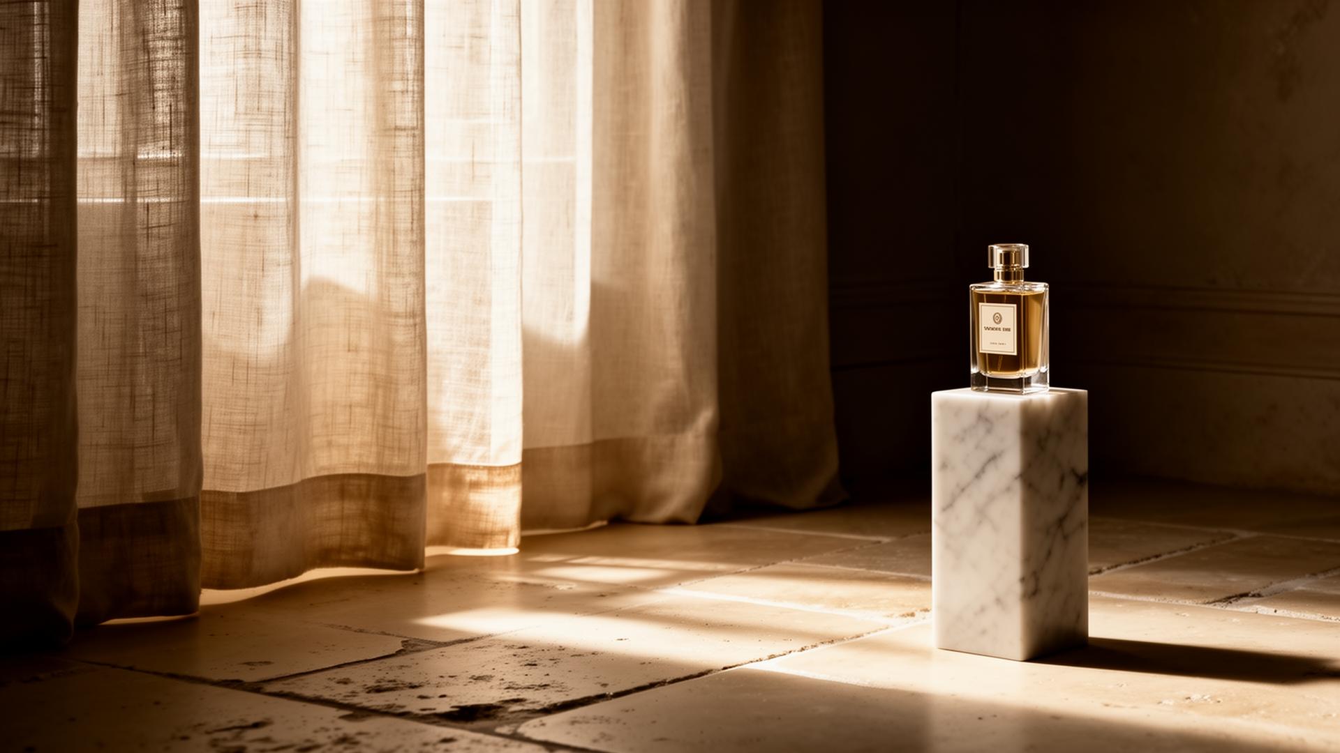 A perfume bottle on a marble pedestal in a quiet atelier