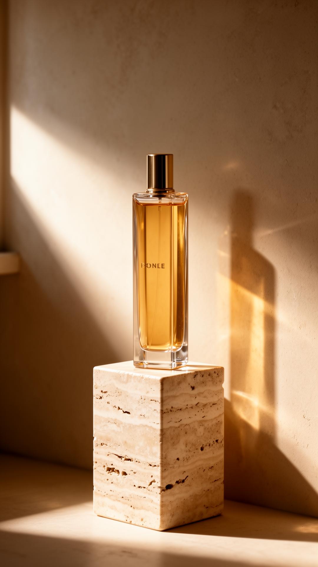 An unlabeled amber perfume bottle